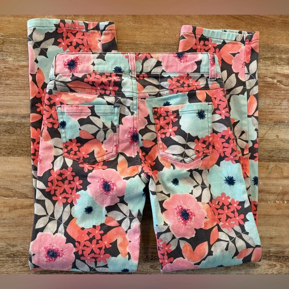Gymboree Girls Stretch Jeans Size 8 Adjustable Waistband, Coral & Aqua Floral